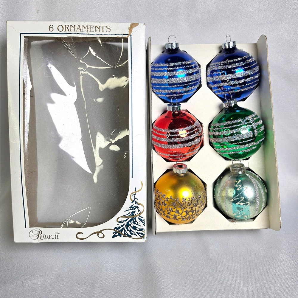 Vintage Rauch Glass Christmas Ornaments Set of 6 Glitter Stripes West Germany